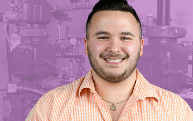A student being superimposed in front of a purple background with heating equipment.