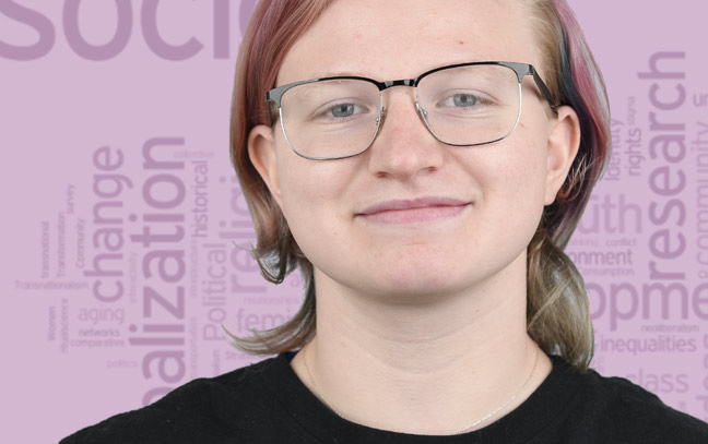 Young woman's face superimposed in front of magenta background with word cloud
