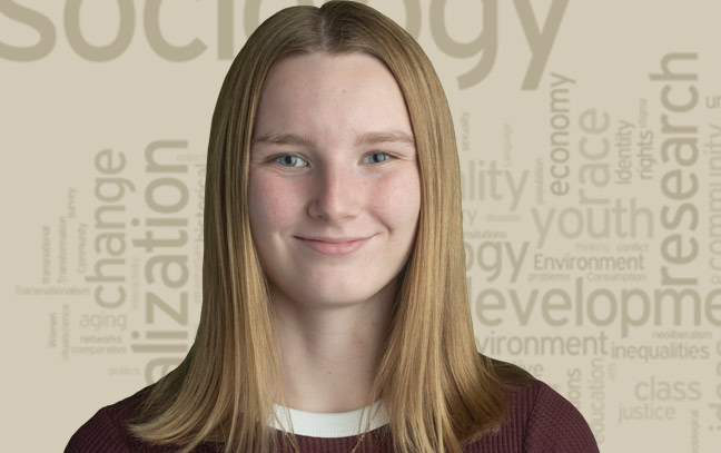 Young woman's face superimposed in front of yellow background with word cloud