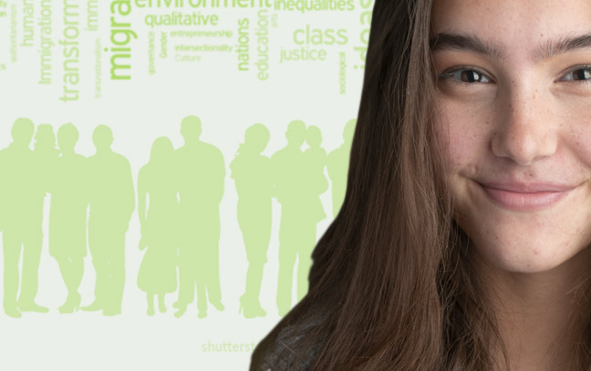 a female student superimposed over a green backdrop containing silhouettes of people