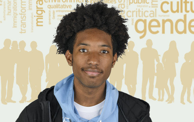 a male student superimposed over a yellow backdrop containing silhouettes of people