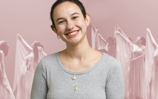 A student being superimposed in front of a magenta background showing dancers performing.