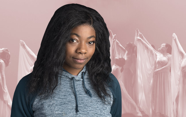 A student being superimposed in front of a magenta background showing dancers performing.