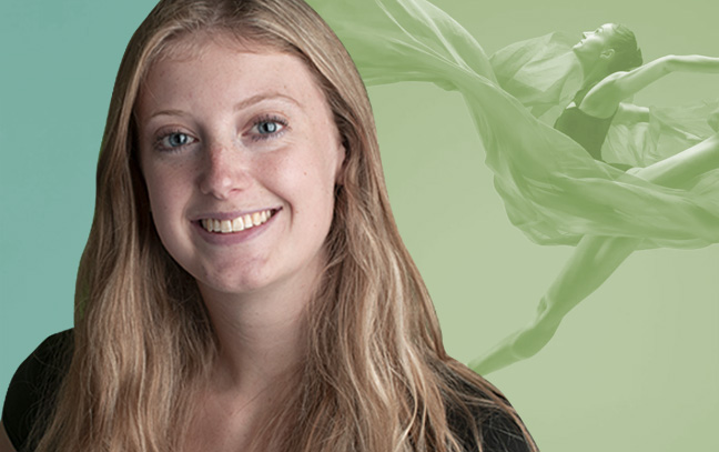a student smiling in front of a blue and green clipart backdrop