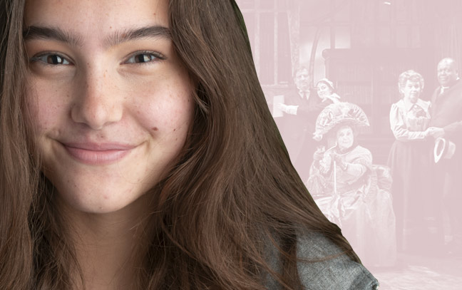 a female student superimposed on a pink backdrop with a stage production