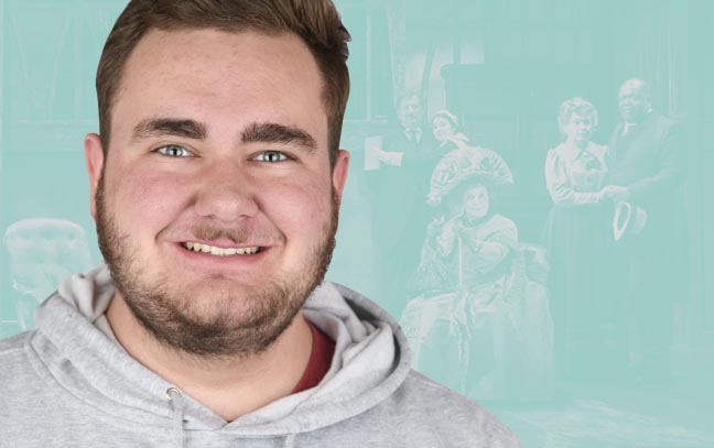 a male student superimposed on a cyan backdrop with a stage production