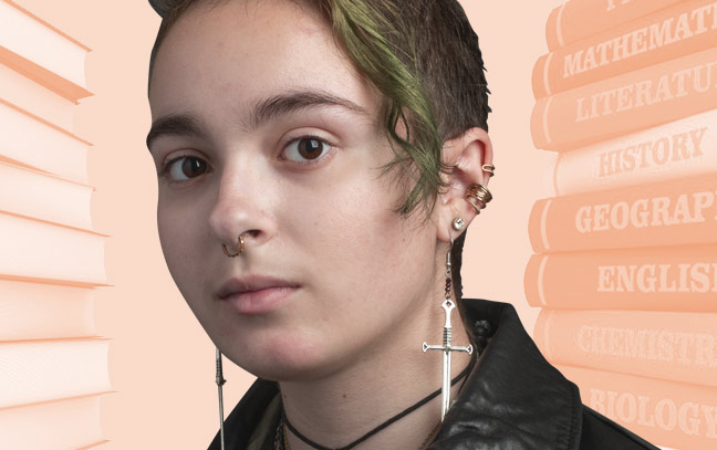 a female student superimposed over an orange backdrop containing stacks of books