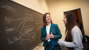 A sociology professor and a student talk in front of a blackboard with various sociological concepts written on it