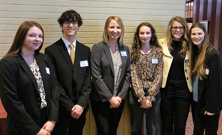 Area high school students interested in majoring in accounting in college were invited to the dinner. Students from Penns Manor Area High School attended with their business teacher. From left: Julie Shank, Brock Sleppy, Adelle Alsop Dolney ’07, Allison Johnson, Sabrina Smith, and Deja Gillo. 