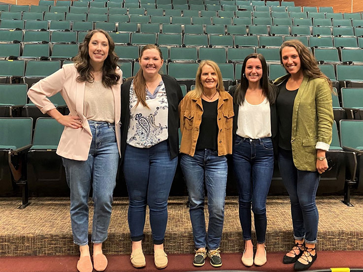 Katie Swauger; Alexis Diehl, SAA senior vice president; Kim Anderson, SAA faculty advisor; Shelby Lowery, SAA president, and Jennifer Brand