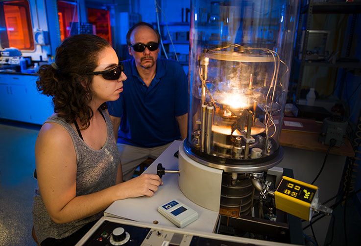 Student and professor working in a physics lab