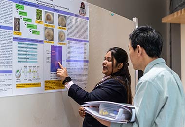 a student explaining a research poster to an onlooker