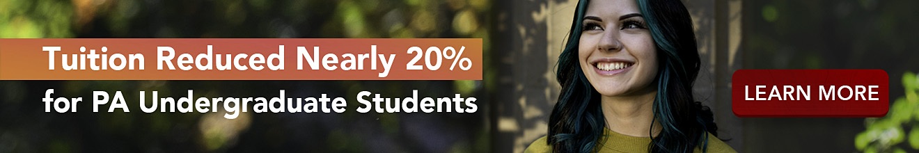 A student looking off camera in the oak grove while shadows from tree leaves cover their face.  Text on top of the image reads Tuition Reduced Nearly 20% for PA Undergraduate Students.  A red button with the text Learn More is to the right of the image