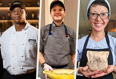 a collage of three chefs all facing the camera and smiling