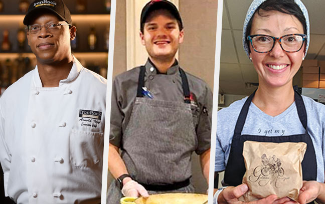 a collage of three chefs smiling to the camera