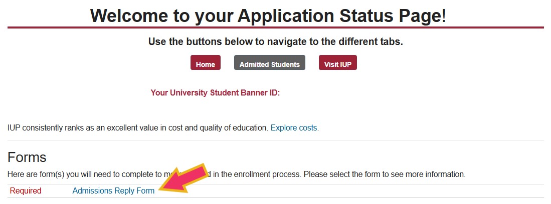 Image depicting where to find the Admissions Reply form on the IUP Application Status Page