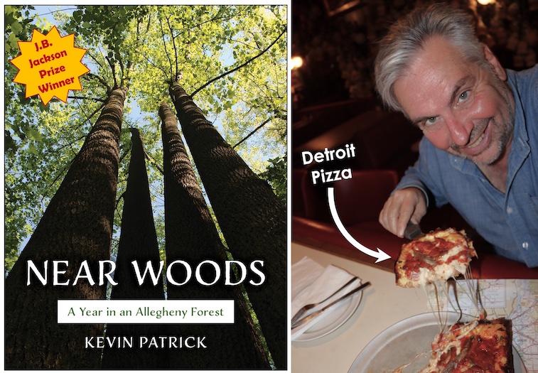 Collage image with the cover of the book "Near Woods" and the Kevin Patrick enjoying Detroit pizza.