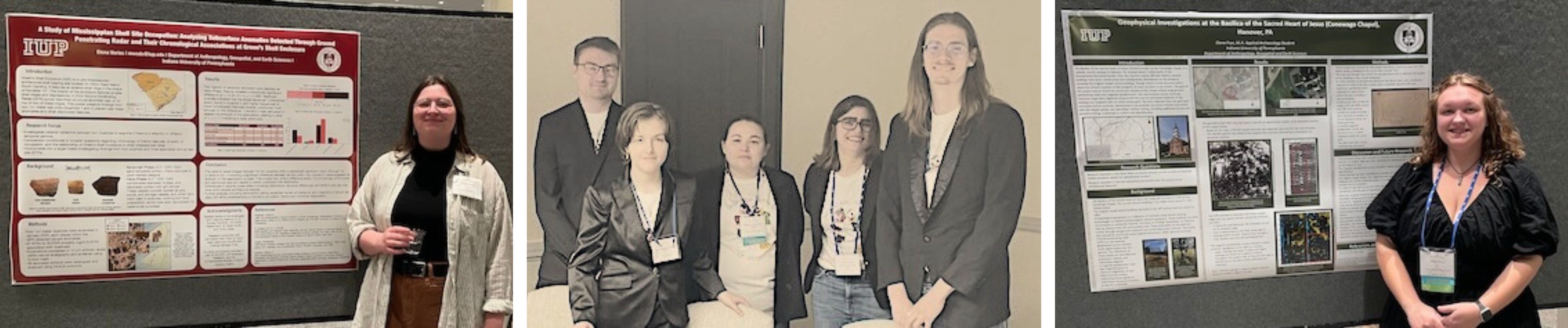 3 pictures. 2 of students standing with their poster presentations, and a group photo of the ehtics bowl team.