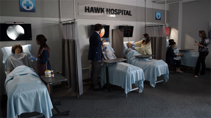 Graduate students practice medical speech-language pathology skills in the IUP hospital simulation lab Graduate students practice medical speech-language pathology skills in the IUP hospital simulation lab