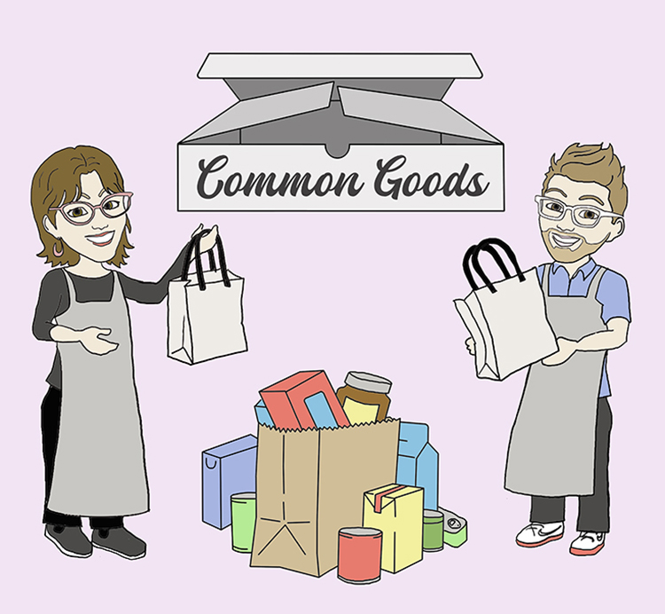 illustration of two people with shopping bags and donated food