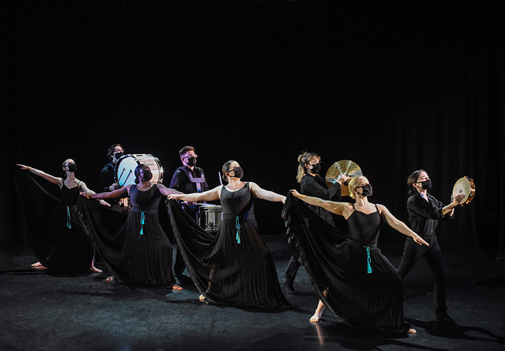 Members of the Dance Theater Company and the Percussion Ensemble performing in "Legacy"