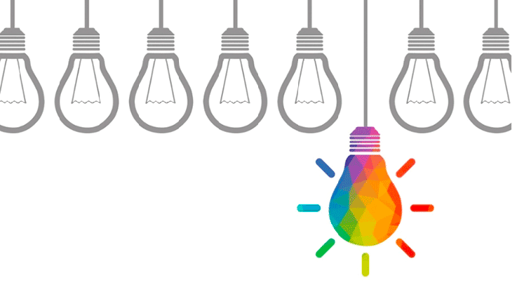 One rainbow-glowing lightbulb hanging from a row of unlit bulbs above it