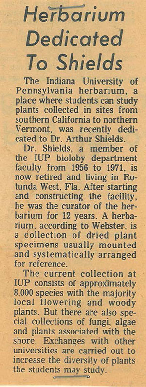 Original newspaper article about the dedication of the IUP Herbarium