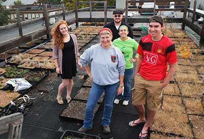 Biology students working on the Green Roof Project