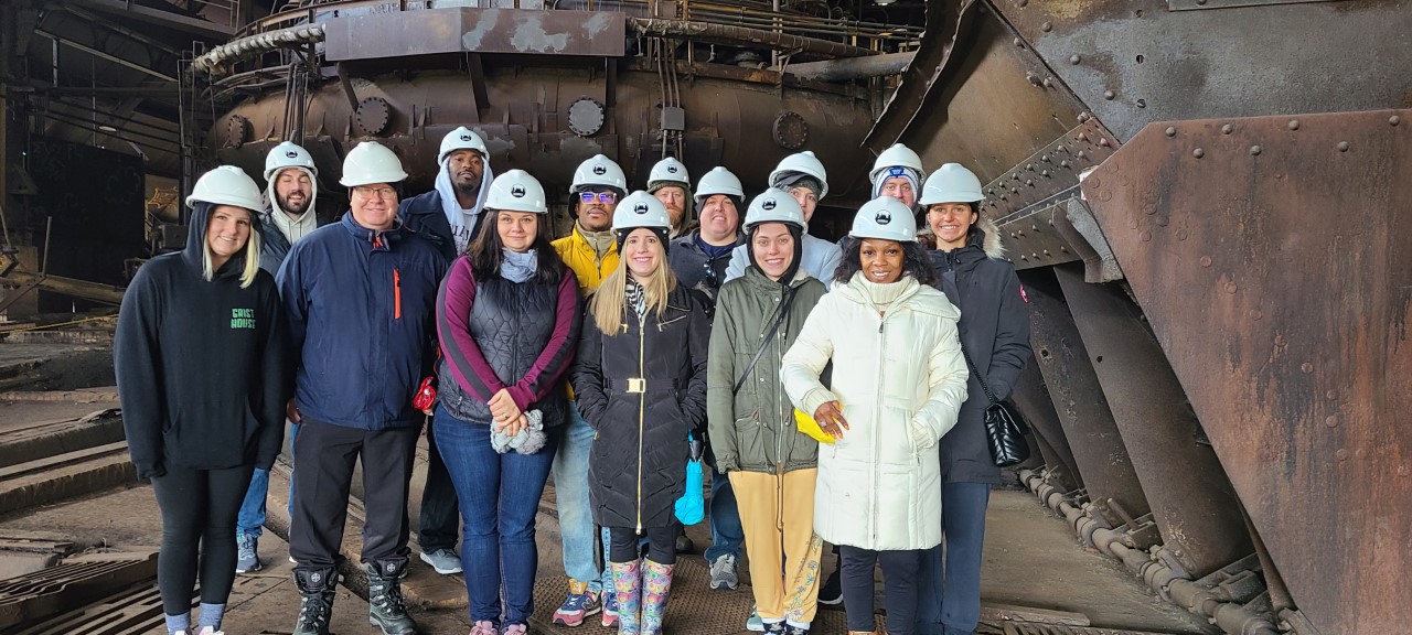 Eberly College students at the blast furnace 