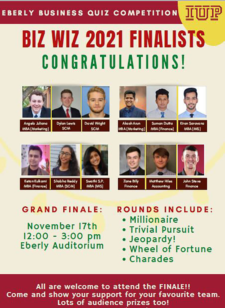 Biz Wiz Quiz Competition poster showing all of the finalists, congratulating them and promoting the event