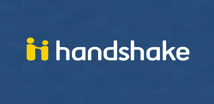 Handshake Online Job-Posting System logo with the word handshake and a stylized  capital H that looks like two people shaking hands 