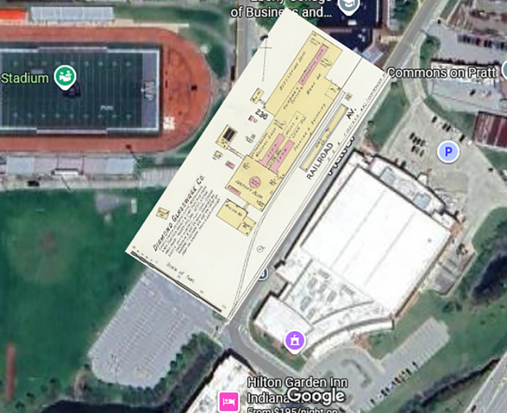 An overlay of Indiana's glassworks position on the current IUP campus.