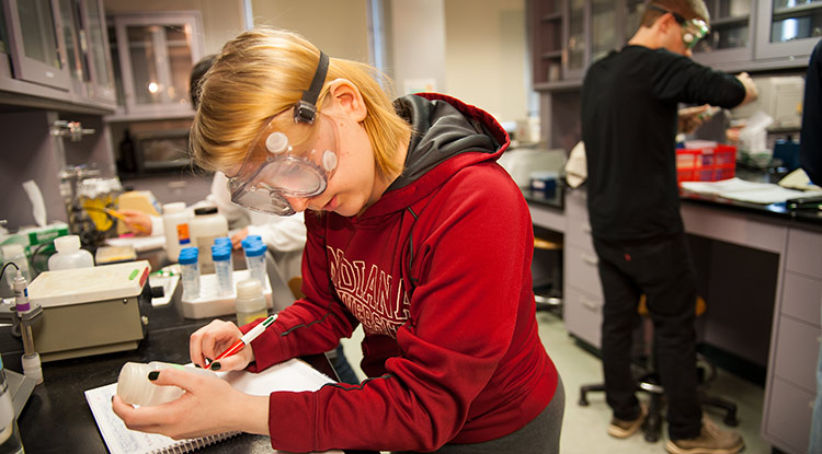 Students do experiments in a biochemistry lab.