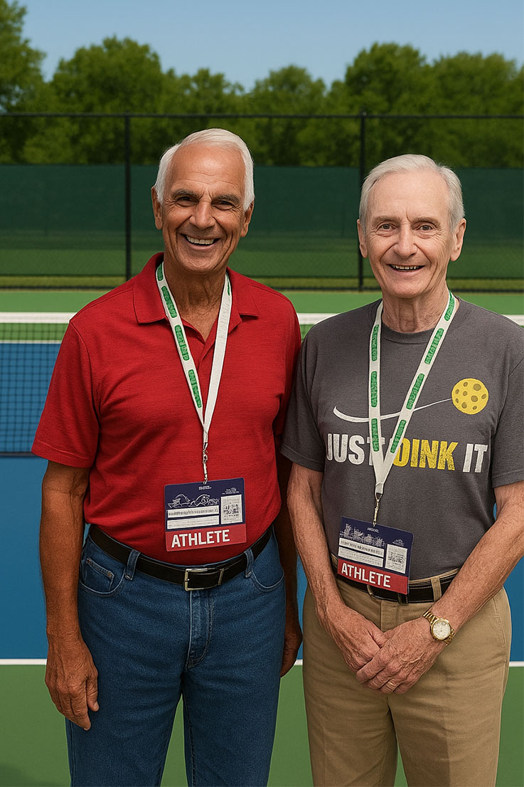 Pothen Varughese standing next to his doubles partner, Bill Hunsberger, by a pickleball court