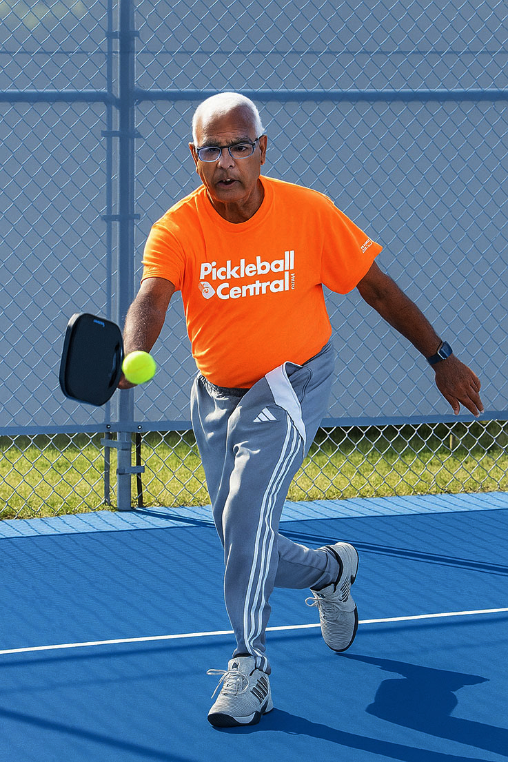 Pothen Varughese swinging a paddle at a pickleball on a pickleball court