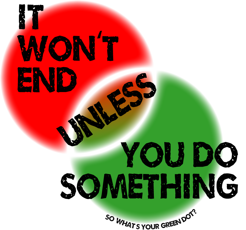 A big green dot overlapping the corner of a big red dot. Words on top of the image read - It won't end unless you do something. So what's your green dot?