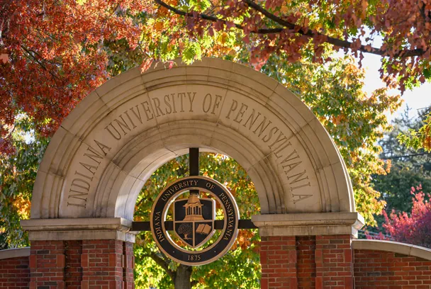 IUP arch with fall leaves
