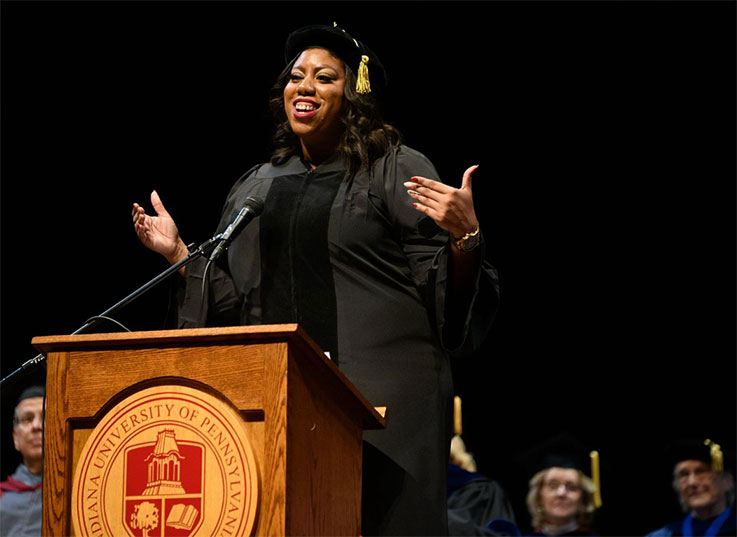 Graduate student speaker Debonair Oates-Primus at the December 2019 IUP Commencement ceremony