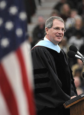 Ben Rafoth, English professor and IUP's 2010-2011 University Professor, addressed the crowd as the keynote speaker for the undergraduate Commencement ceremony. (Keith Boyer photo)