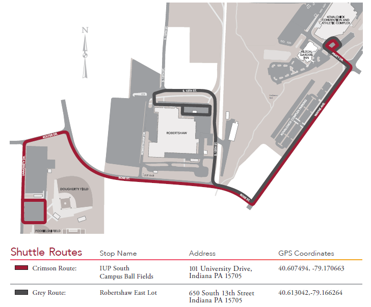 Shuttle routes for the Spring 2026 1:00 p.m. commencement ceremony. The Crimson Route leads from the KCAC down Pratt Drive to Wayne Avenue to Rose Street to Kolter Drive to University Drive to the IUP South Campus ball fields' parking lot. The Grey route leads from the KCAC down Pratt Drive to Wayne Avenue to Rose Street to South 13th Street to the Robertshaw East parking lot.