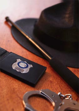 Act 120 municipal police academy badge, handcuffs, nightstick, and hat