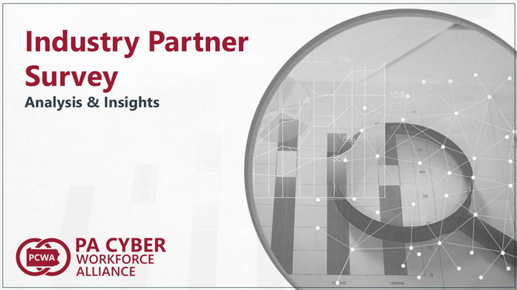 Cover slide titled “Industry Partner Survey: Analysis & Insights” with PA Cyber Workforce Alliance logo and a grayscale background image of charts and data graphics.
