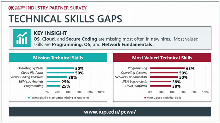 Two horizontal bar charts showing most valued technical skills and most commonly missing skills, highlighting programming, operating systems, and networking as valued, and cloud, OS, and secure coding as gaps.