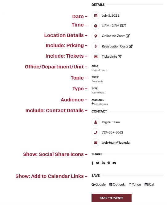 Sample Event. Fields include Date, Time, Location Details, Pricing, Tickets, Office/Department Unit, Topic, Type, Audience, Contact Details, Social Share Icons, and Calendar Links. 