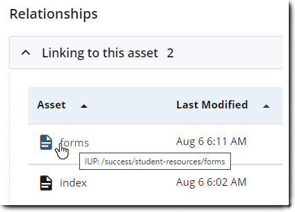 Example of relationship details, with folder location appearing during a hover