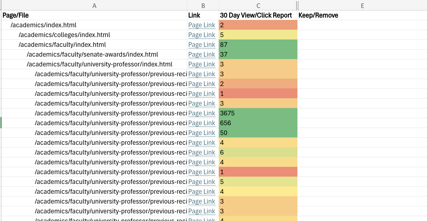 screenshot of the review spreadsheet, showing the colums headings and options.
