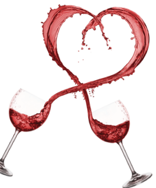 Wine glasses with wne splashing into a heart shape