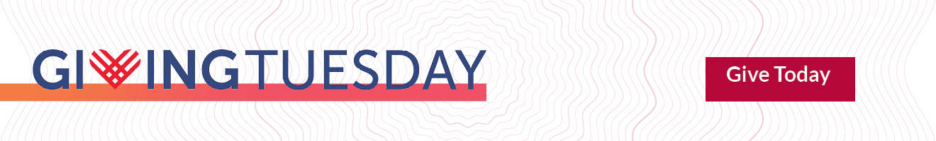 A white banner with a red tree ring design.  The words Giving Tuesday are displayed in blue.  The V in giving is a heart icon.  a give today button is on the right.