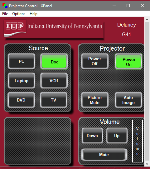 Projector Control software screenshot showing the button for the document camera
