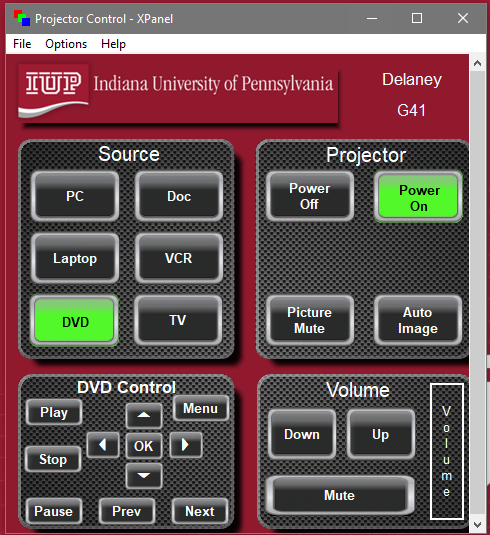 Projector control software screenshot showing the DVD player button